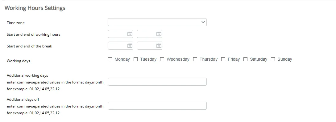 Business hours settings